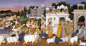 Sri-Sri-Krishna-Balarama-and-Their-cowherd-gopa-friends-greet-the-gopis-and-other-residents-of-Vrndavana-on-their-way-back-from-the-days-pastimes-in-the-pasturing-grounds